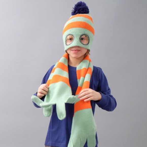 {Indikidual} Knitted stripe balaclava hat with funny eye holes and pom Pom - Picture 1 of 14